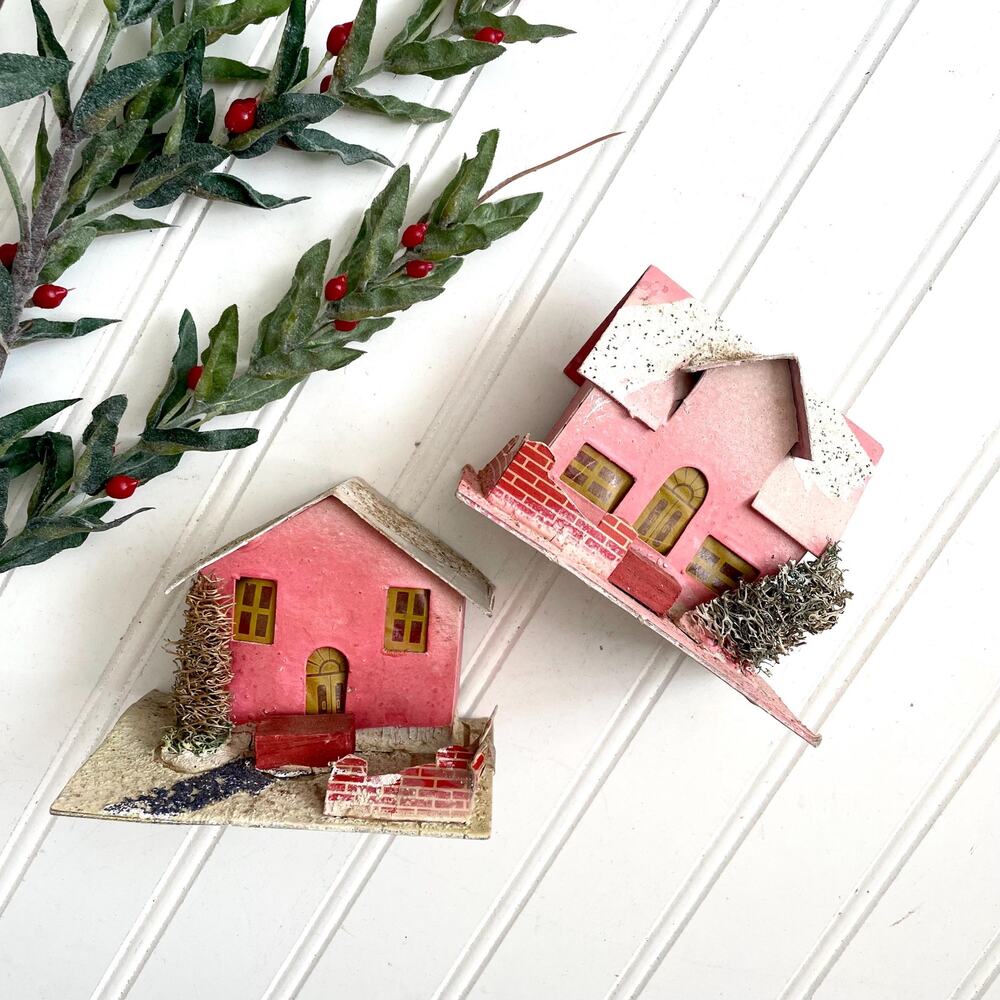 Vintage Christmas Putz House Pink Red Loofah Tree Cardboard Brick Fence Japan PR
